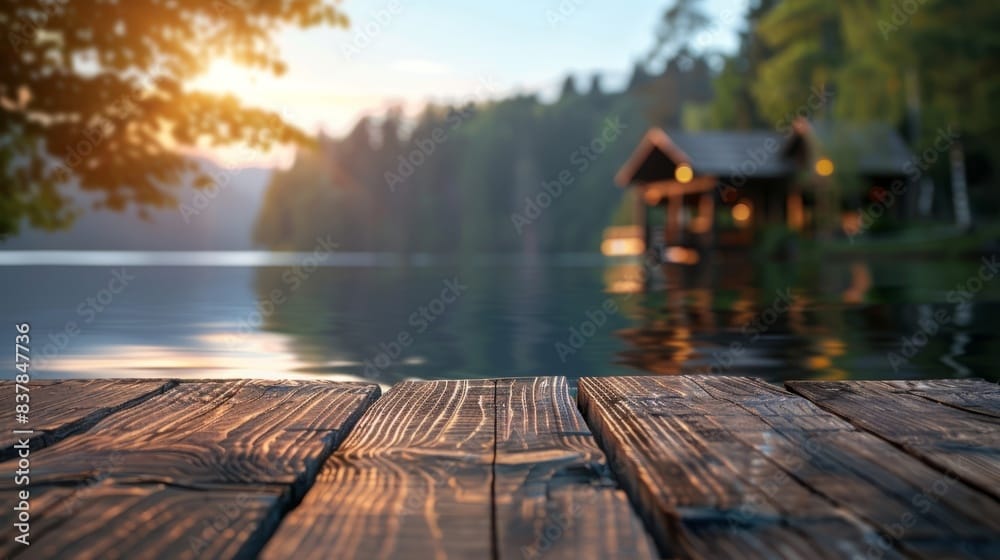 Serene lake retreat with wooden dock. Tranquil evening scene of a cozy cabin on a lake, perfect for showcasing relaxation and the beauty of nature. wellness retreat marketing